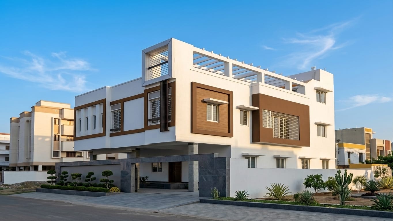 Modern independent house with brown timber-clad facade panels